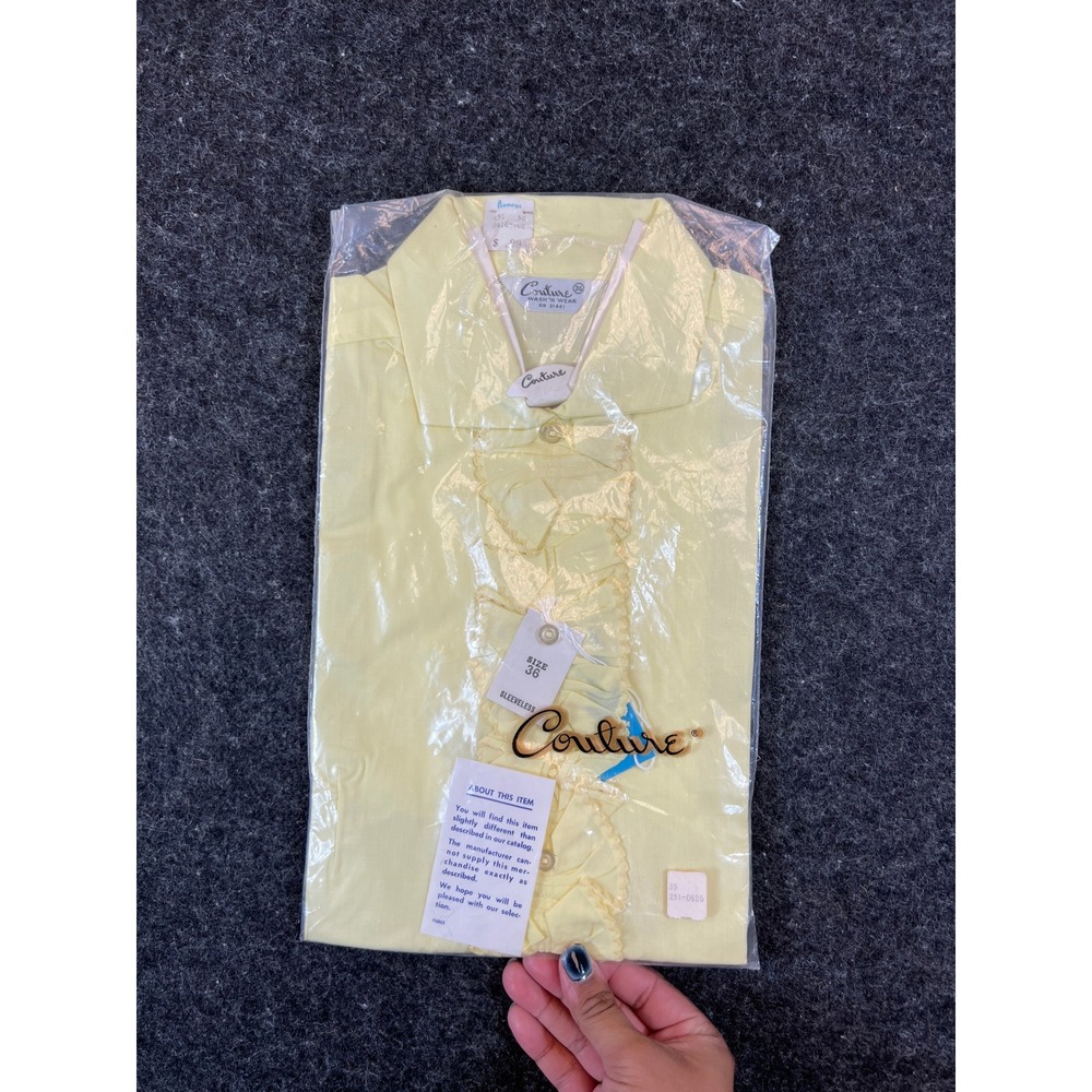 Vintage 60s Couture Mens 36 Yellow Ruffled Sleeveless Button Up Shirt Deadstock